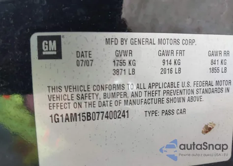 2007 Chevrolet Cobalt Ss из США, поврежденный, VIN 1G1AM15B077400241